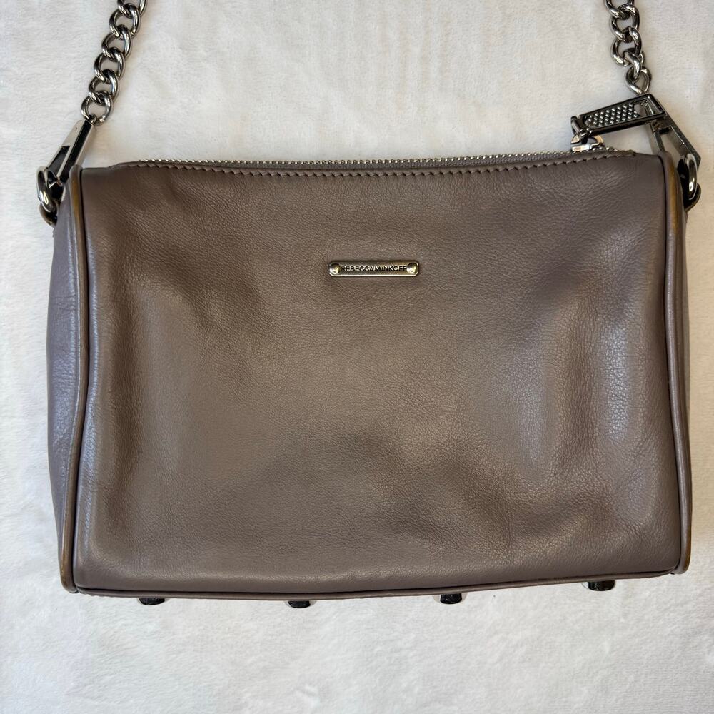 Rebecca Minkoff Studded Zippered Chain Crossbody Bag Taupe Gray 8" by 6"